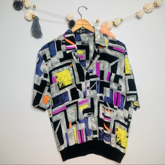 VINTAGE streetwear purple silk geometric polo - Picture 4 of 10